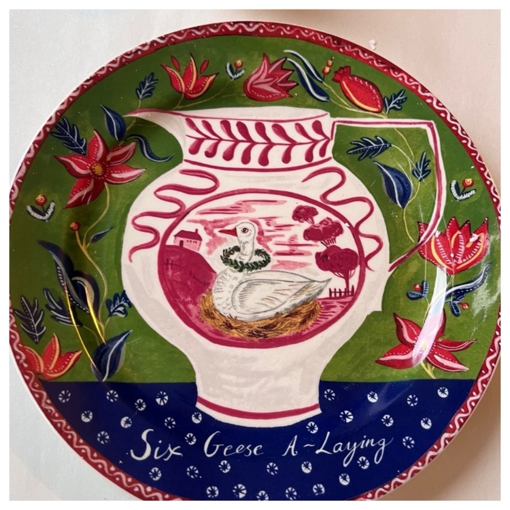 NIB Anthropologie Emily Maude 12 Days of Christmas 6 Geese Laying Dessert Plate